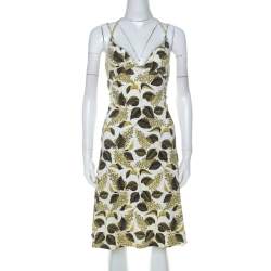 Pre Owned Just Cavalli Green Leaf Printed Cotton Jersey Flared Dress S