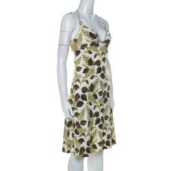 Pre Owned Just Cavalli Green Leaf Printed Cotton Jersey Flared Dress S