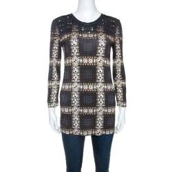Pre Owned Just Cavalli Black Printed Knit Stud Embellished Long Sleeve Top M