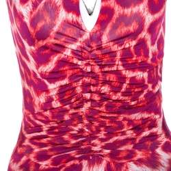 Pre Owned Just Cavalli Red Leopard Print Ruched Detail Top S
