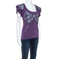 Pre Owned Just Cavalli Purple Stretch jersey Floral Embossed Detail Top M