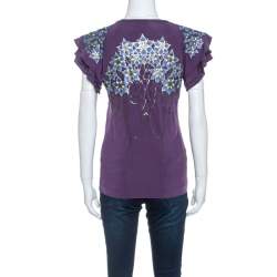Pre Owned Just Cavalli Purple Stretch jersey Floral Embossed Detail Top M