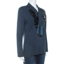 Pre Owned Just Cavalli Teal Sequin Detail Tie Neck Long Sleeve Top L