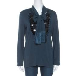 Pre Owned Just Cavalli Teal Sequin Detail Tie Neck Long Sleeve Top L