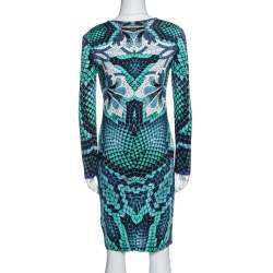 Pre Owned Just Cavalli Blue Snake Print Stretch Knit Long Sleeve Dress L