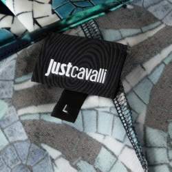 Pre Owned Just Cavalli Blue Snake Print Stretch Knit Long Sleeve Dress L