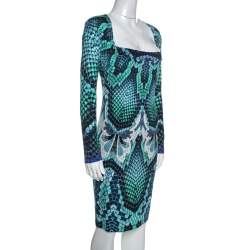 Pre Owned Just Cavalli Blue Snake Print Stretch Knit Long Sleeve Dress L
