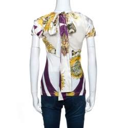 Pre Owned Just Cavalli Multicolor Printed Silk Neck Tie Detail Top M