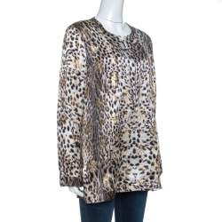 Pre Owned Just Cavalli Beige Leopard Print Silk Lurex Jacquard Detail Blouse M
