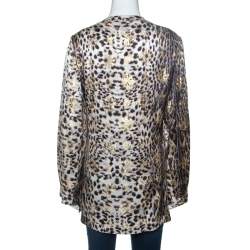 Pre Owned Just Cavalli Beige Leopard Print Silk Lurex Jacquard Detail Blouse M