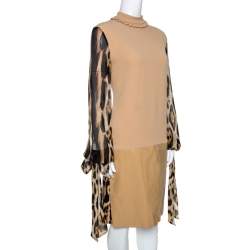 Pre Owned Just Cavalli Beige Crepe Paneled & Pleated Midi Dress M