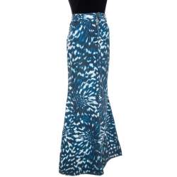 Pre Owned Just Cavalli Grey & Blue Abstract Print Denim Maxi Skirt L
