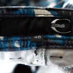 Pre Owned Just Cavalli Grey & Blue Abstract Print Denim Maxi Skirt L