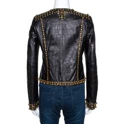 Pre Owned Just Cavalli Black Embossed Leather Studded Zip Front Jacket S