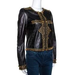Pre Owned Just Cavalli Black Embossed Leather Studded Zip Front Jacket S