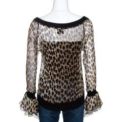 Just Cavalli Brown Leopard Printed Chiffon Rib Trim Detail Top M 