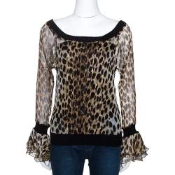 Just Cavalli Brown Leopard Printed Chiffon Rib Trim Detail Top M 