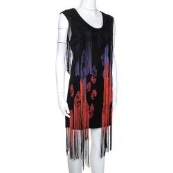Pre Owned Just Cavalli Black Jersey Fringe Detail Shift Dress M