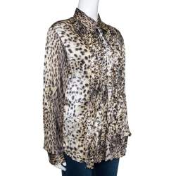 Pre Owned Just Cavalli Beige Animal Print Silk Ruffle Front Long Sleeve Shirt L
