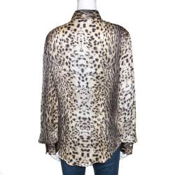 Pre Owned Just Cavalli Beige Animal Print Silk Ruffle Front Long Sleeve Shirt L