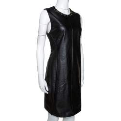 Pre Owned Just Cavalli Black Faux Leather Embellished Neck Dress L