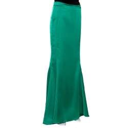 Pre Owned Just Cavalli Green Stretch Satin Flared Maxi Skirt S