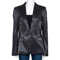 Just Cavalli Black Striped Cotton Ramie Blend Single Buttoned Blazer L