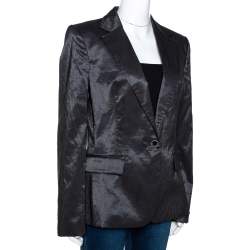 Pre Owned Just Cavalli Black Striped Cotton Ramie Blend Single Buttoned Blazer L