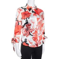 Pre Owned بلوزة جاست كافالي ساتان حرير طباعة لامعة زهور حمراء M