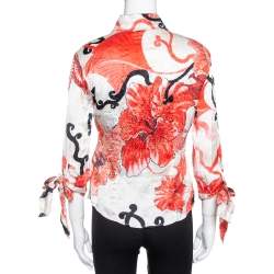 Pre Owned بلوزة جاست كافالي ساتان حرير طباعة لامعة زهور حمراء M