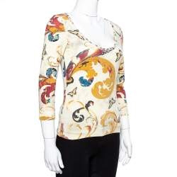 Pre Owned Just Cavalli Cream Butterfly Print Jersey Long Sleeves Top S