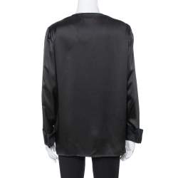 Pre Owned Just Cavalli Black Silk Printed Yoke Detail Long Sleeve Top M