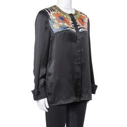 Pre Owned Just Cavalli Black Silk Printed Yoke Detail Long Sleeve Top M