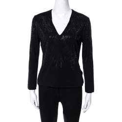 Pre Owned Just Cavalli Black Crystal Embellished Long Sleeve Top L