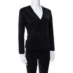 Pre Owned Just Cavalli Black Crystal Embellished Long Sleeve Top L
