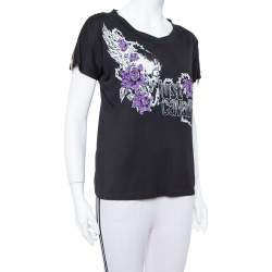 Pre Owned Just Cavalli Black Logo Printed Knit Zipper Detail T Shirt S