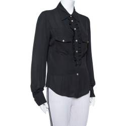 Pre Owned Just Cavalli Black Crepe Ruffle Detail Button Front Shirt L