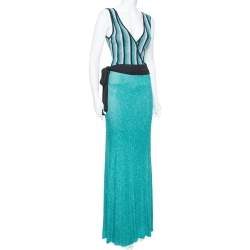 Pre Owned Just Cavalli Sea Blue Lurex Knit Contrast Striped Belted Maxi Dress M