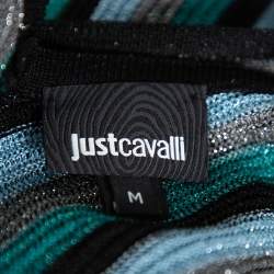 Pre Owned Just Cavalli Sea Blue Lurex Knit Contrast Striped Belted Maxi Dress M