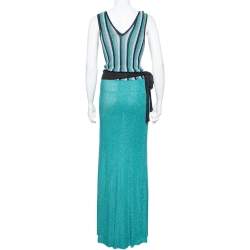 Pre Owned Just Cavalli Sea Blue Lurex Knit Contrast Striped Belted Maxi Dress M