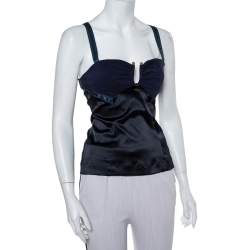 Pre Owned Just Cavalli Navy Blue Satin Halter Neck Crop Top S
