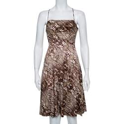 Pre Owned Just Cavalli Brown Animal Printed Satin Fit & Flare Dress M