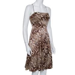Pre Owned Just Cavalli Brown Animal Printed Satin Fit & Flare Dress M