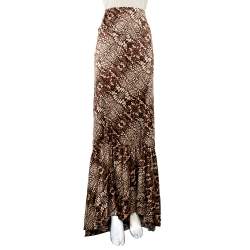 Pre Owned Just Cavalli Brown Snake Print Silk Satin Flared Asymmetrical Hem Maxi Skirt L