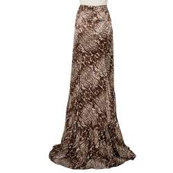 Pre Owned Just Cavalli Brown Snake Print Silk Satin Flared Asymmetrical Hem Maxi Skirt L