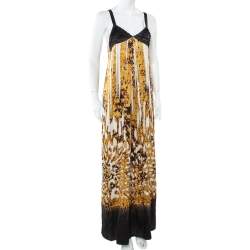 Pre Owned Just Cavalli Black & Gold Printed Silk Glittered Open Back Maxi Dress M