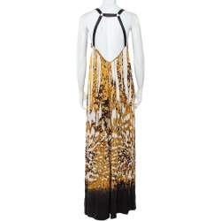 Pre Owned Just Cavalli Black & Gold Printed Silk Glittered Open Back Maxi Dress M