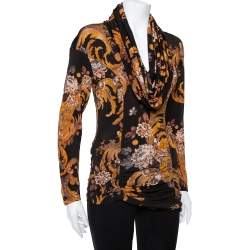 Pre Owned Just Cavalli Brown Printed Jersey Cowl Neck Asymmetrical Hem Top M