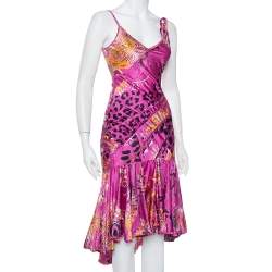 Pre Owned Just Cavalli Pink Printed Silk Ruffled Hem Sleeveless Midi Dress S