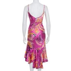 Pre Owned Just Cavalli Pink Printed Silk Ruffled Hem Sleeveless Midi Dress S